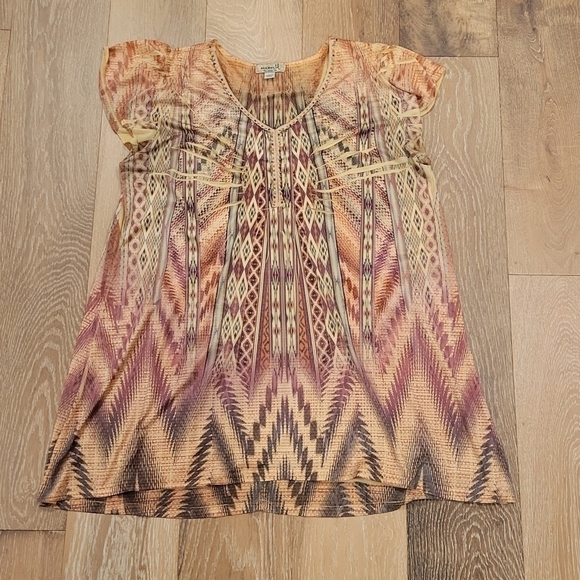 One World Live and let live patterned cap sleeve beaded tunic size Large - Picture 2 of 9